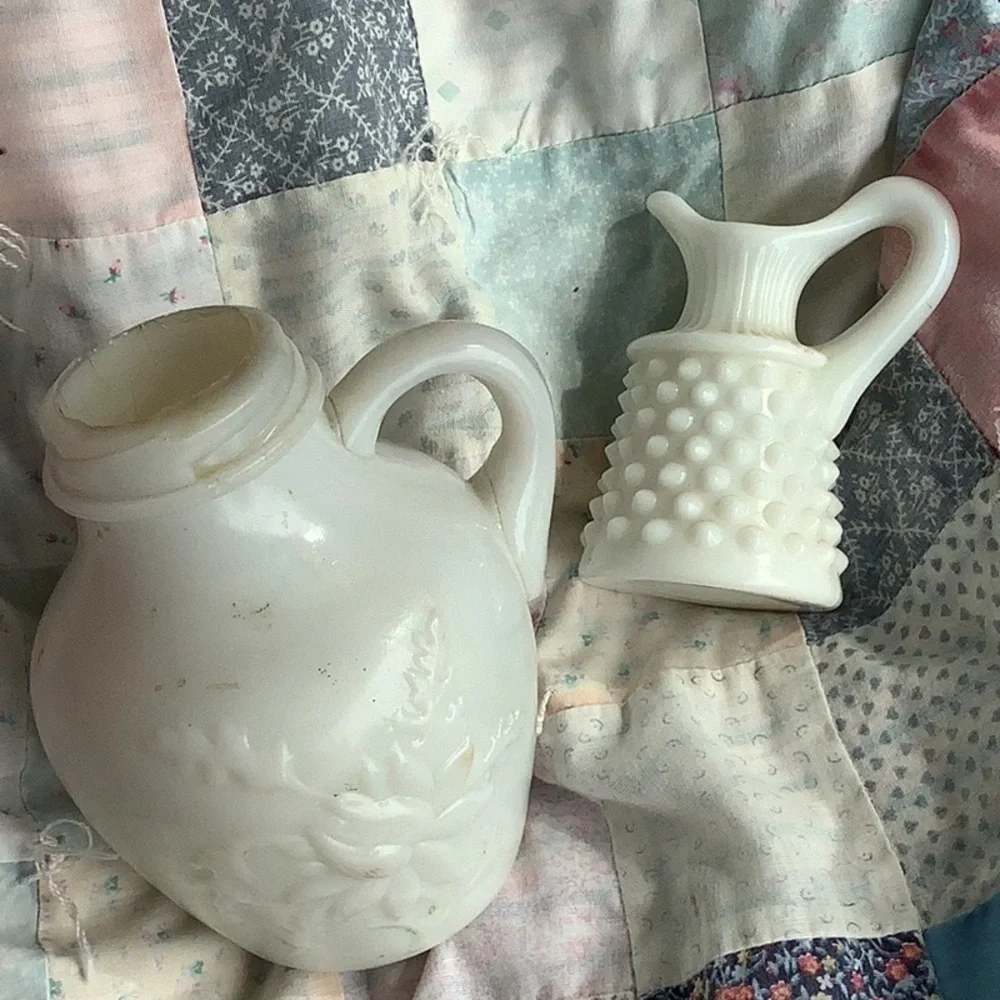 Vintage 2 Piece Bundle White Milk Glass Creamer Syrup